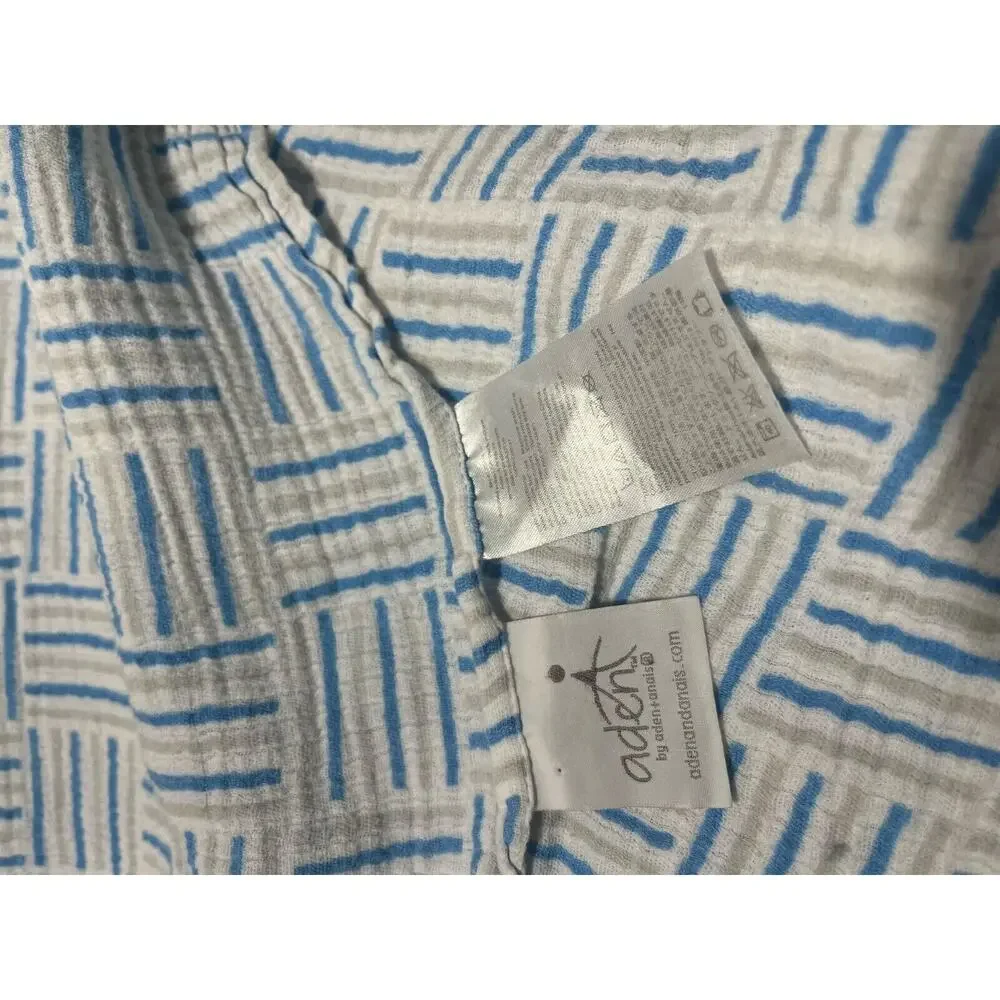 Aden & Anais Muslin Swaddle Baby Blanket Gray Blue Square Stripe Basket Weave
